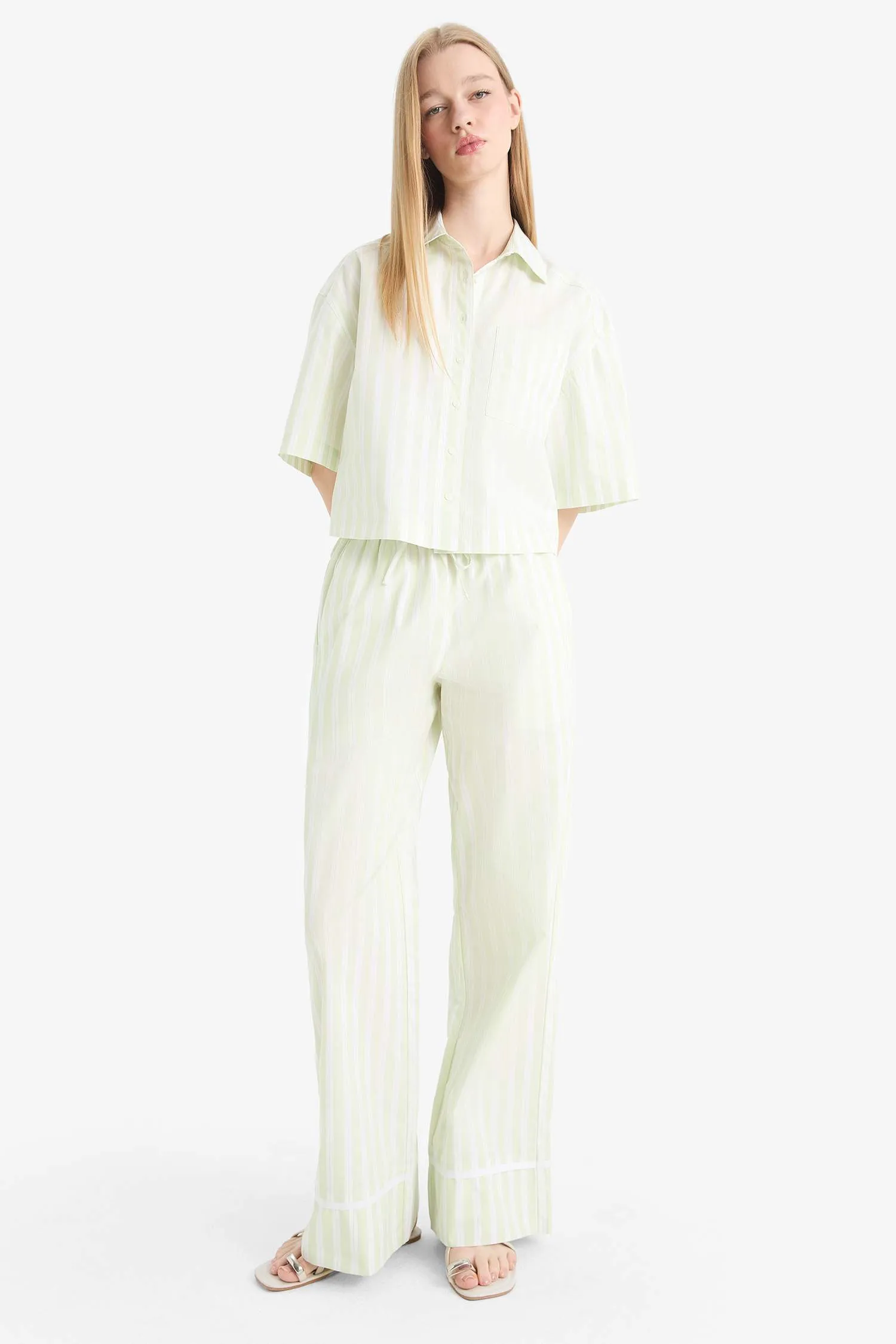 Wide Leg Striped High Waist Poplin Trousers