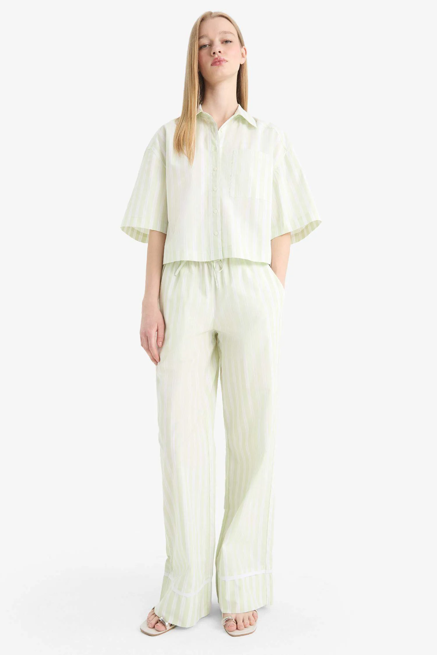 Wide Leg Striped High Waist Poplin Trousers