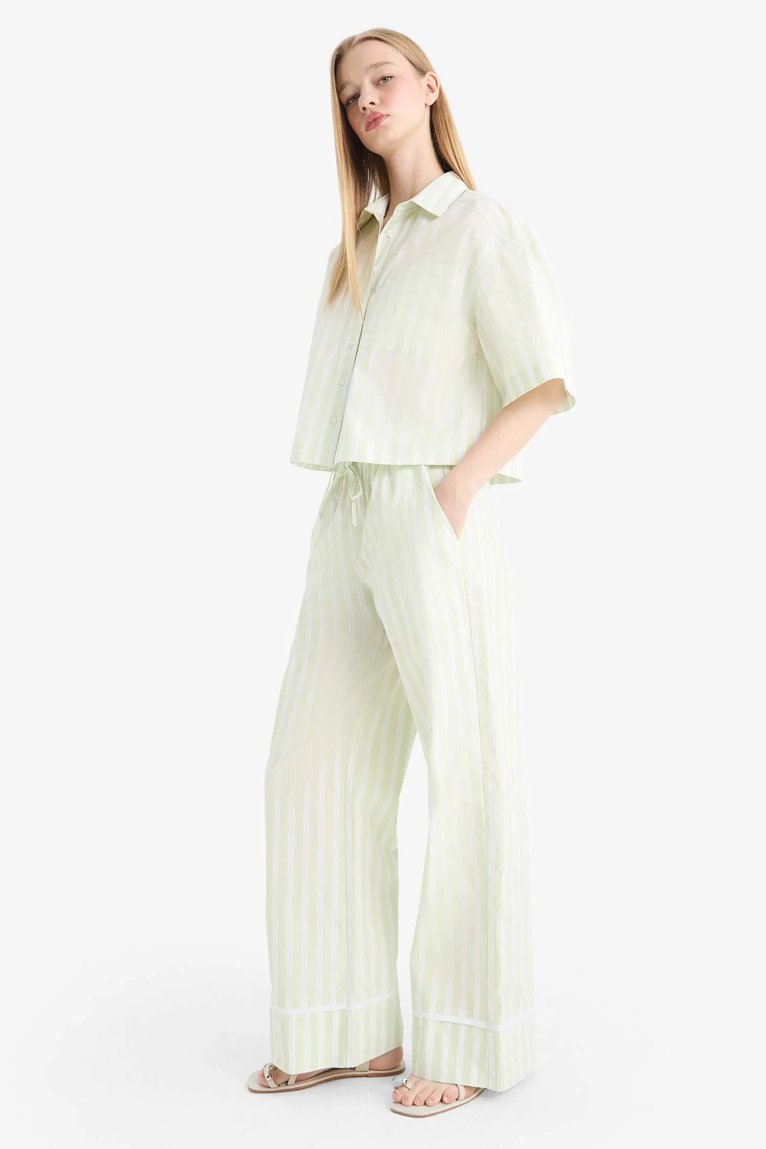 Wide Leg Striped High Waist Poplin Trousers