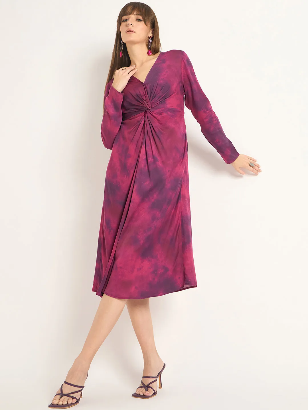 Wine Printed Front Twist Detail Midi Dress