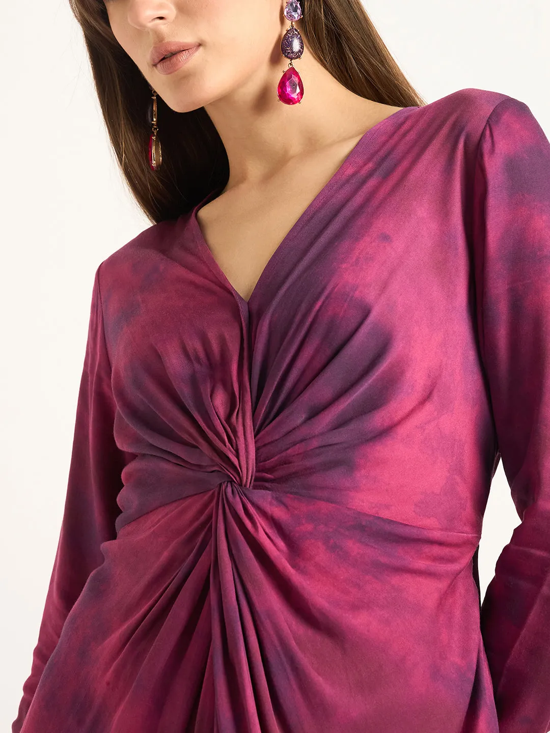 Wine Printed Front Twist Detail Midi Dress