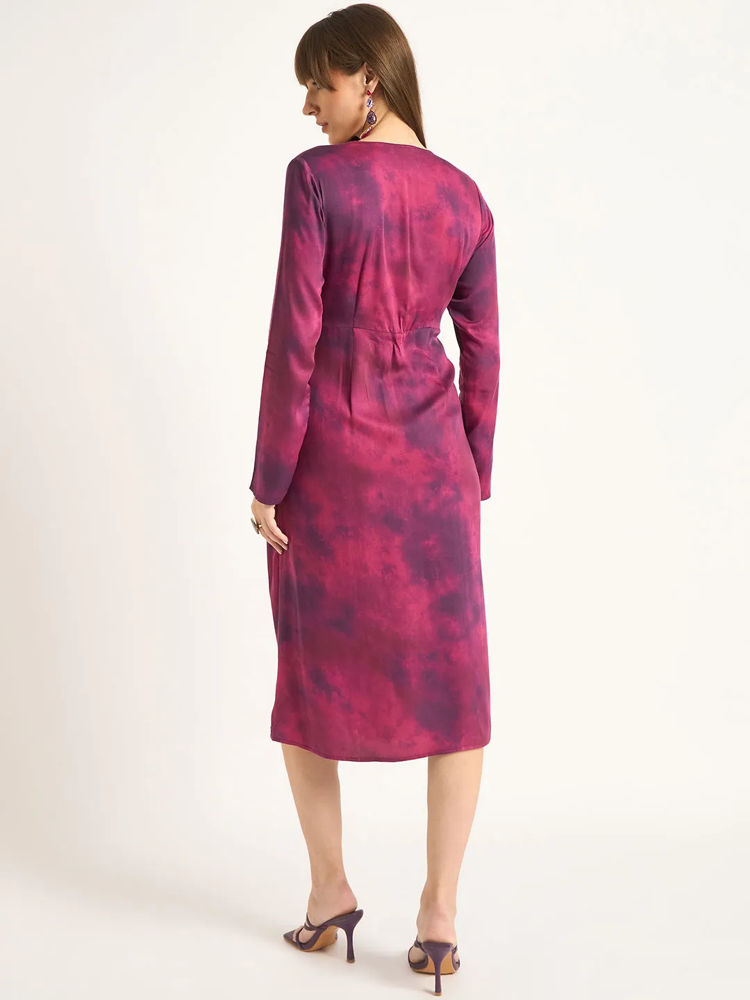 Wine Printed Front Twist Detail Midi Dress