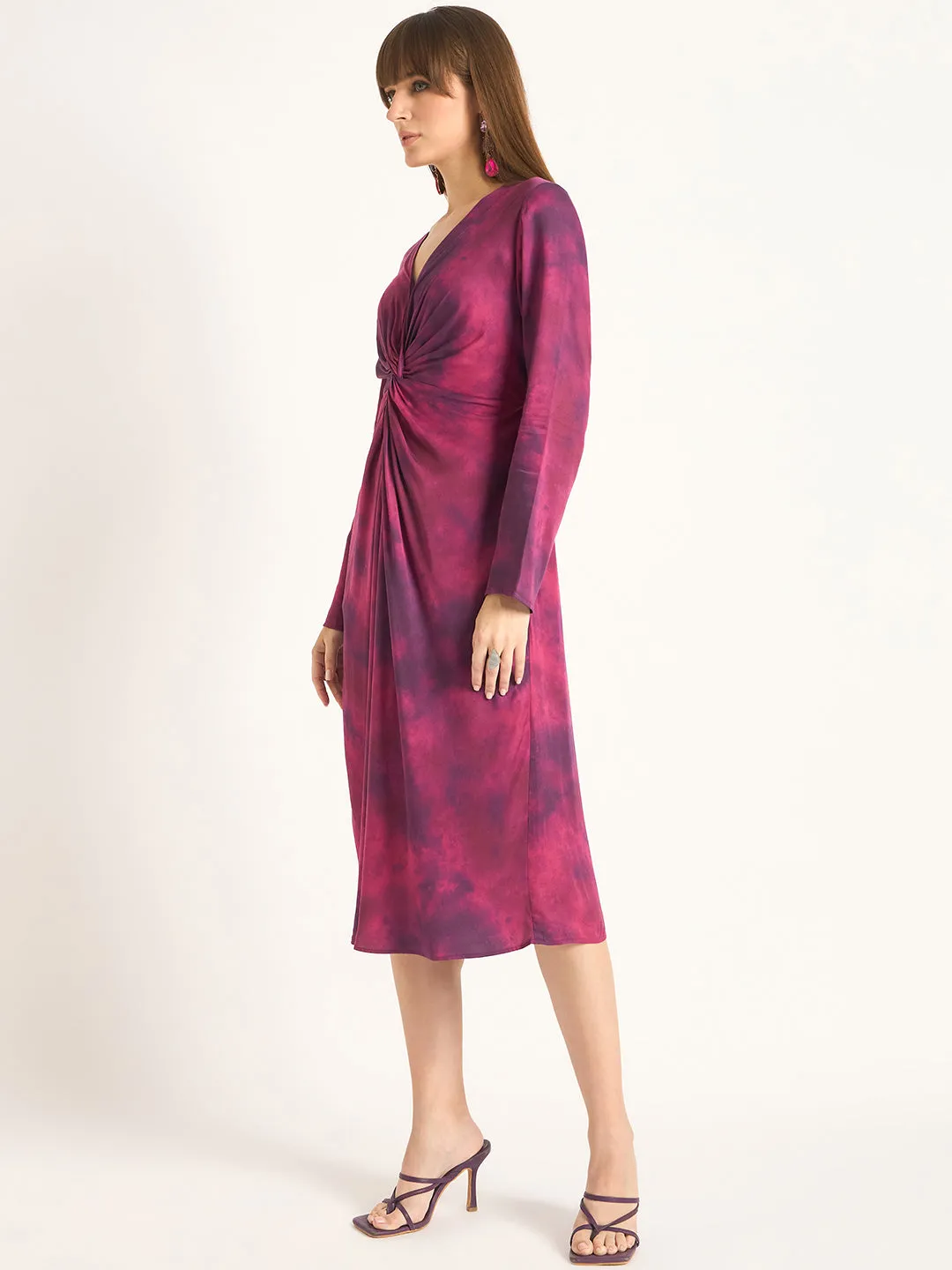 Wine Printed Front Twist Detail Midi Dress