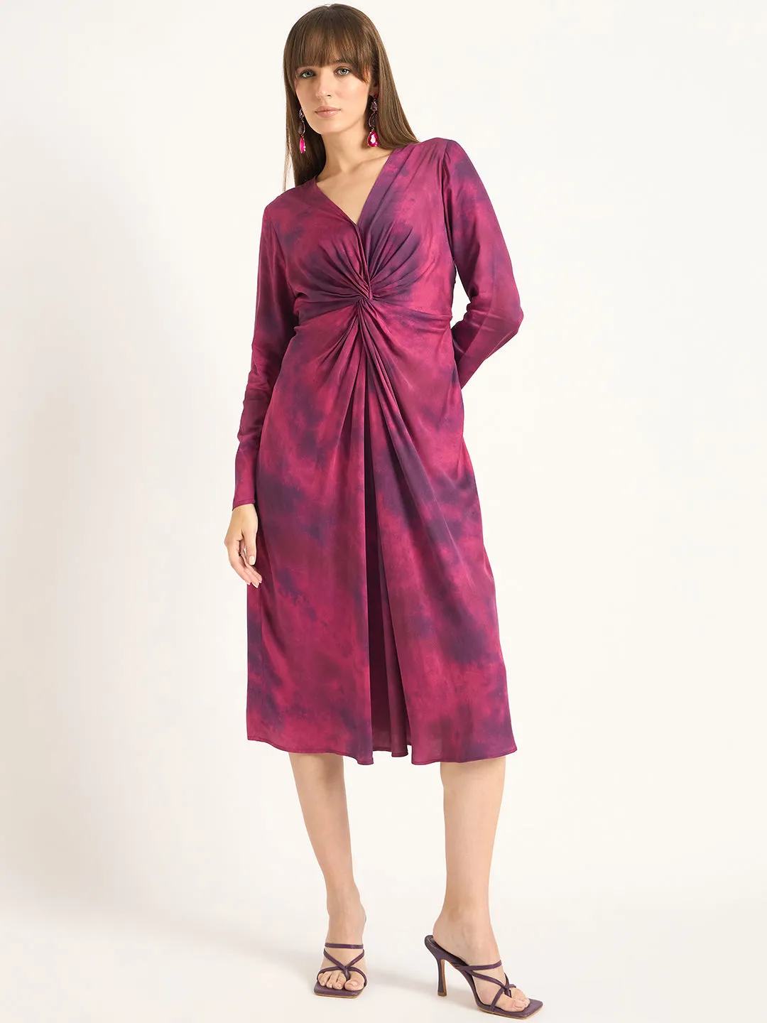 Wine Printed Front Twist Detail Midi Dress