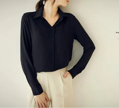 Women Casual Blouse Button 5 Solid Color Long sleeve Shirt Female Chiffon blouse Women Clothing