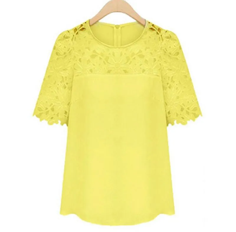 Women Clothing Lace Shirt Round Neck Short Sleeve Chiffon Blouse Female Tops Shirt