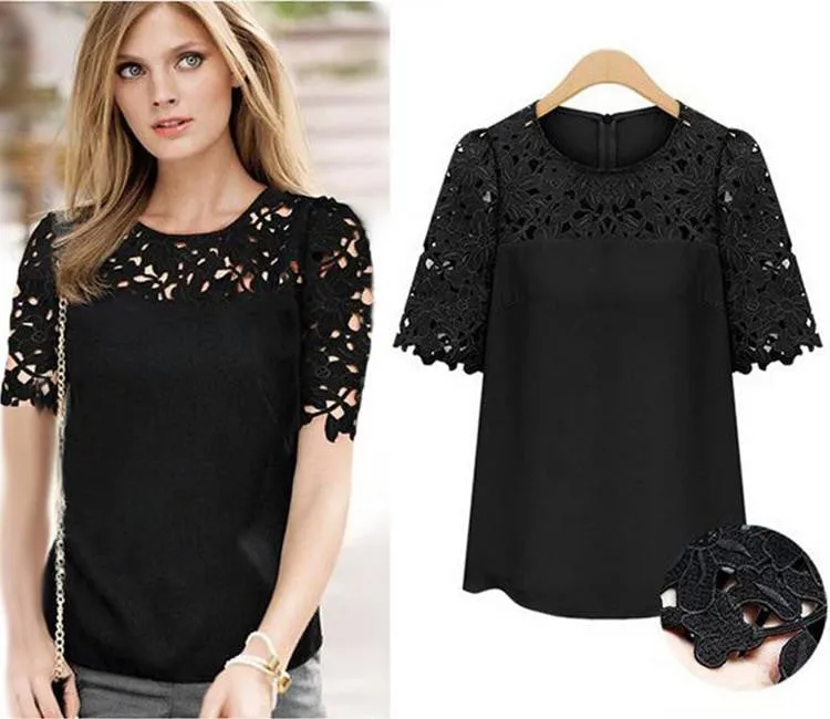 Women Clothing Lace Shirt Round Neck Short Sleeve Chiffon Blouse Female Tops Shirt