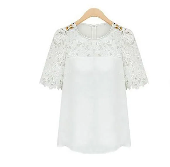 Women Clothing Lace Shirt Round Neck Short Sleeve Chiffon Blouse Female Tops Shirt