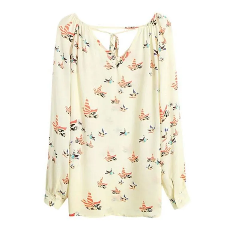 Women Fashion Chiffon Top Blouse Short Long Sleeve Print Casual Loose Shirt