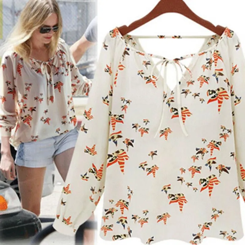 Women Fashion Chiffon Top Blouse Short Long Sleeve Print Casual Loose Shirt