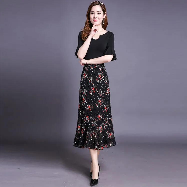 Women Fashion Florals Print Long Skirt Female Elastic High Waist Chiffon Casual Beach Skirts Summer