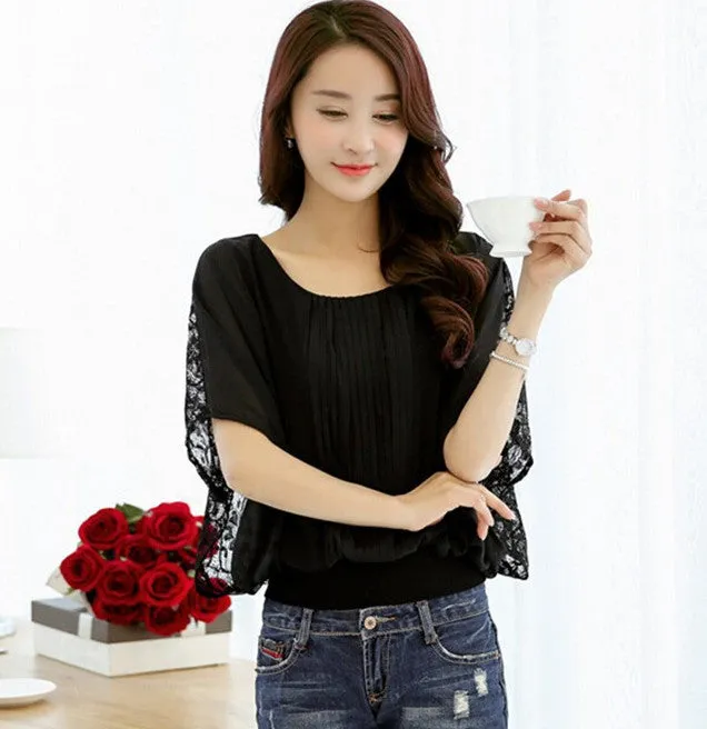 Women Fashion Short Batwing Sleeve O-Neck Chiffon Shirts Casual Lace Blouse Tops Plus Size 4XL