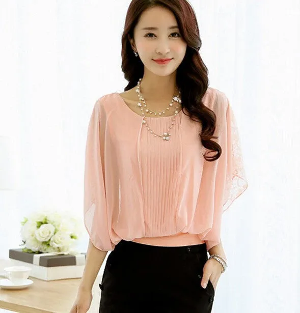 Women Fashion Short Batwing Sleeve O-Neck Chiffon Shirts Casual Lace Blouse Tops Plus Size 4XL