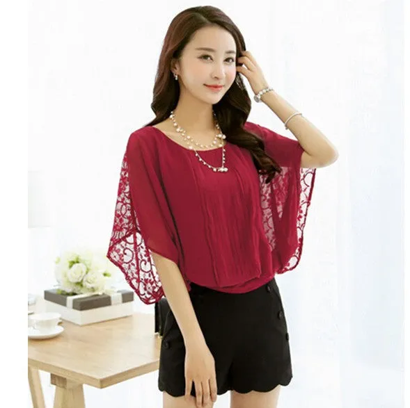 Women Fashion Short Batwing Sleeve O-Neck Chiffon Shirts Casual Lace Blouse Tops Plus Size 4XL