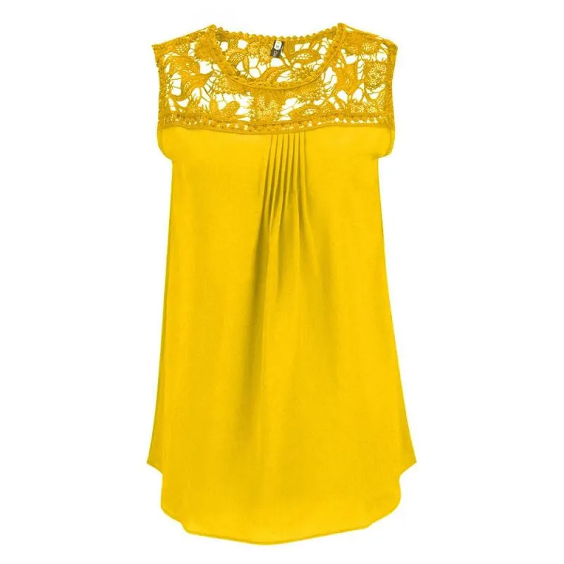 Women Tops Casual Chiffon Blouse Lace Patchwork Sleeveless Floral O-neck Shirts Ladies Blouses