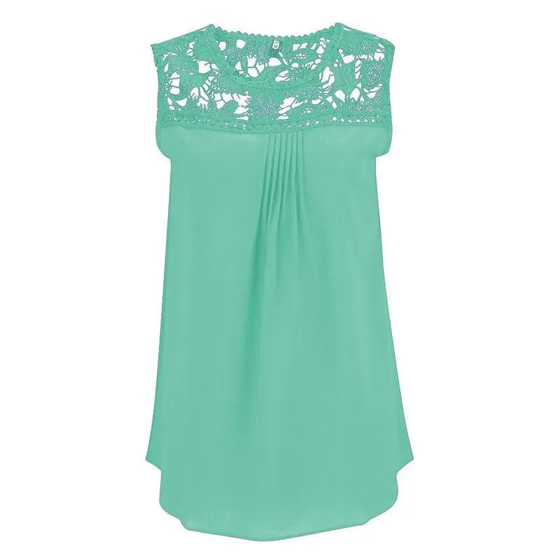 Women Tops Casual Chiffon Blouse Lace Patchwork Sleeveless Floral O-neck Shirts Ladies Blouses