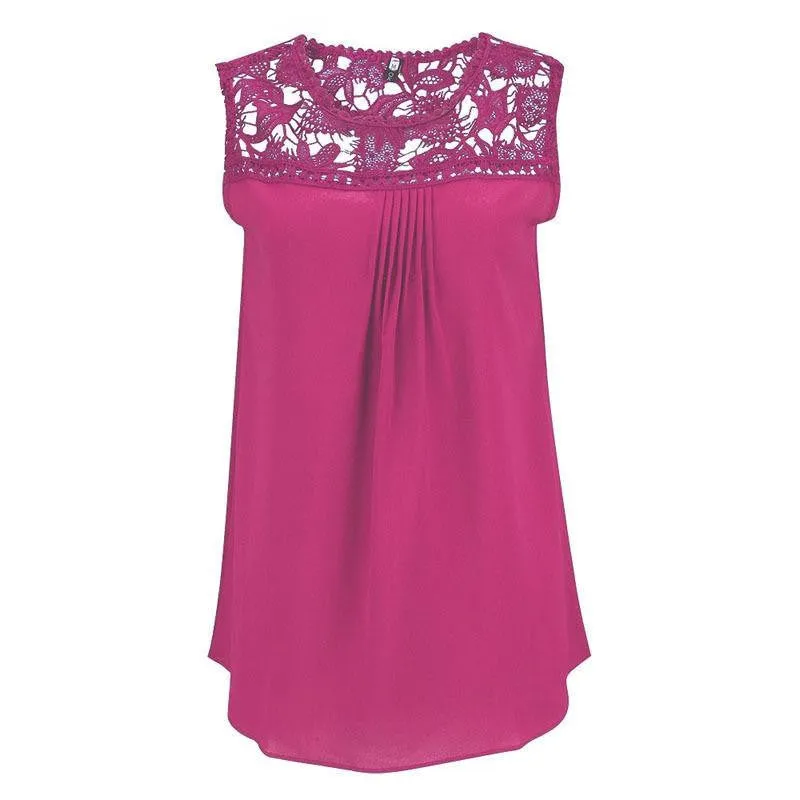 Women Tops Casual Chiffon Blouse Lace Patchwork Sleeveless Floral O-neck Shirts Ladies Blouses