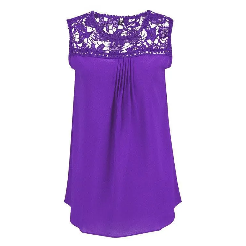 Women Tops Casual Chiffon Blouse Lace Patchwork Sleeveless Floral O-neck Shirts Ladies Blouses
