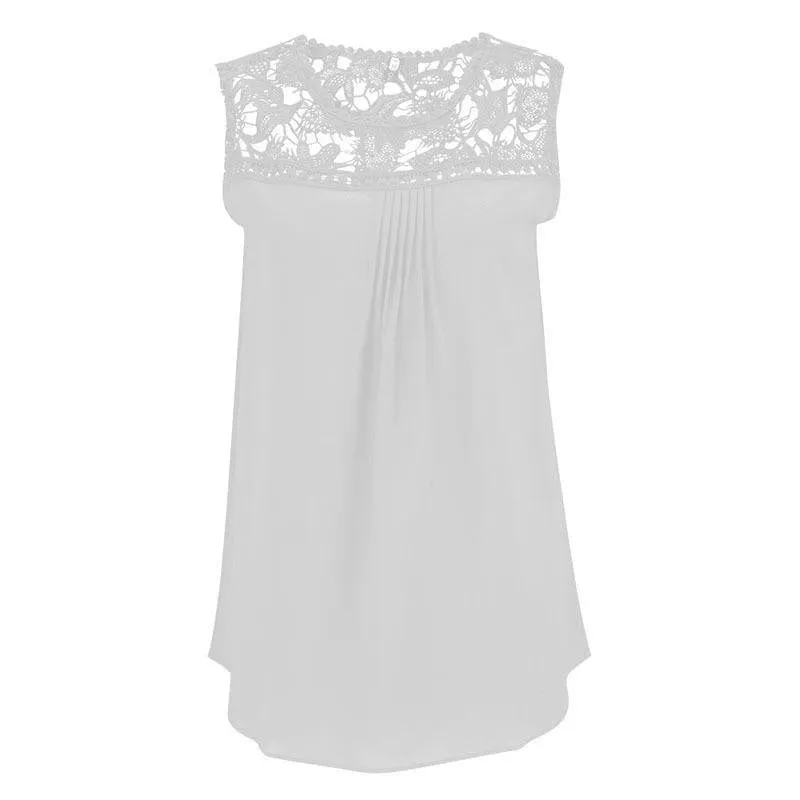 Women Tops Casual Chiffon Blouse Lace Patchwork Sleeveless Floral O-neck Shirts Ladies Blouses