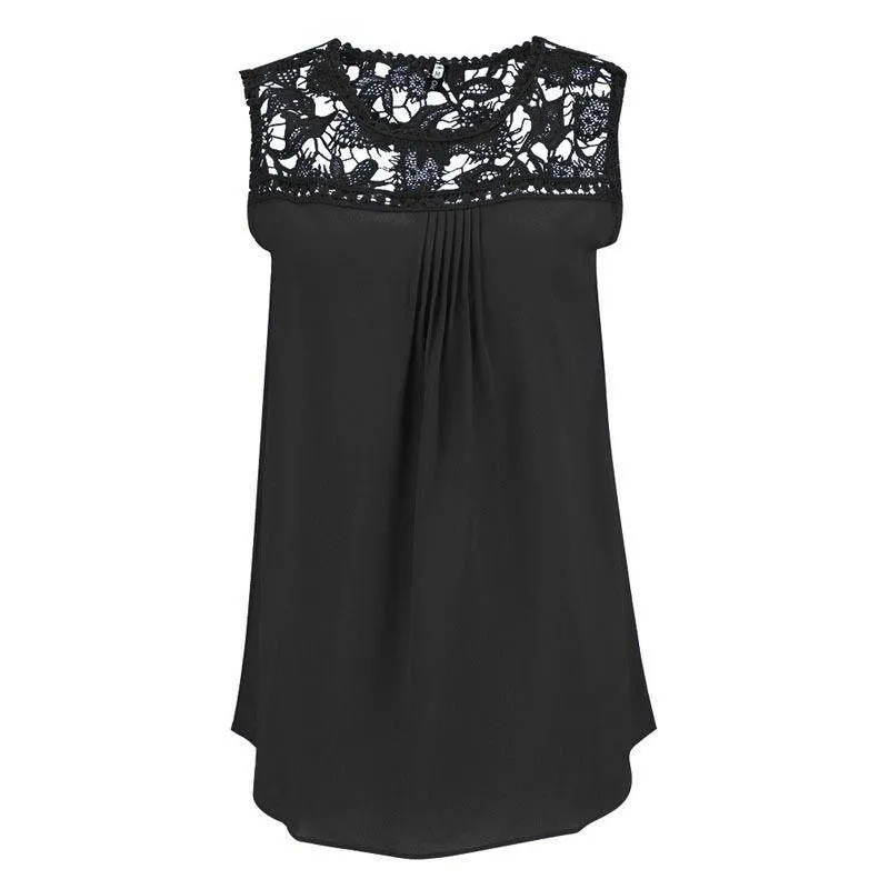 Women Tops Casual Chiffon Blouse Lace Patchwork Sleeveless Floral O-neck Shirts Ladies Blouses