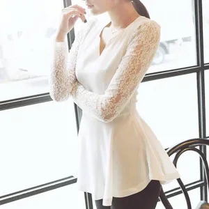 Women V-neck Blouse Lace Long Sleeve Shirts Chiffon Tops Blouse S-XL Women Clothes