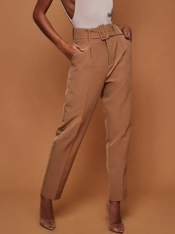 Women's Autumn Casual Pants High Waist Solid Color Cropped Trousers Straight Trousers with Belt